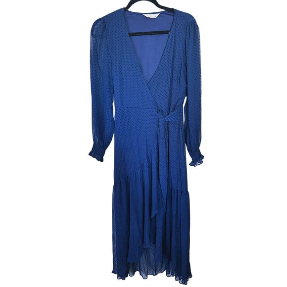 LC Lauren Conrad Long Wrap Flocked Maxi Dress S Polka Dot Blue Academia Twee - Picture 2 of 9